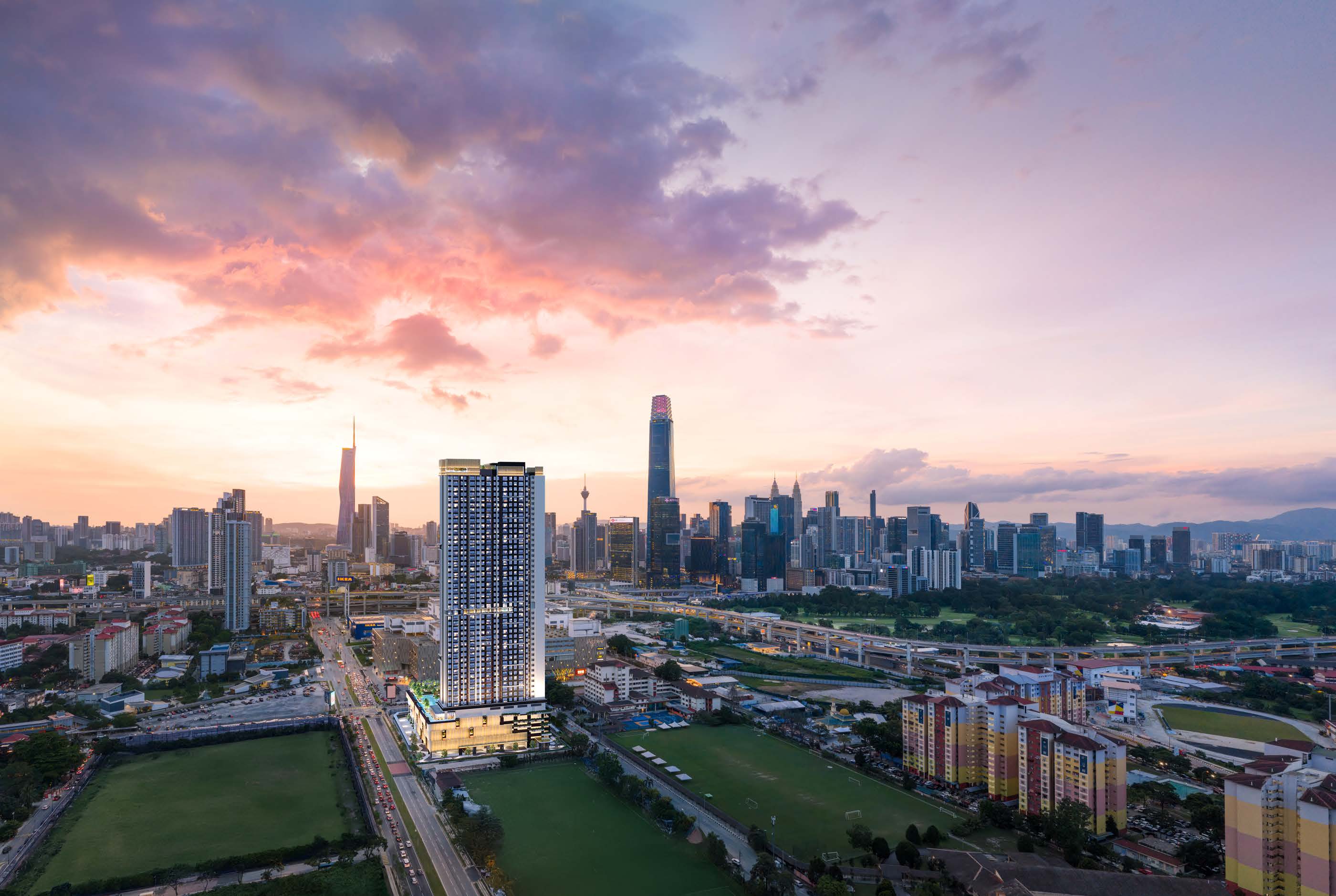 Aerial artist impression of Binastra Cochrane within the Kuala Lumpur skyline