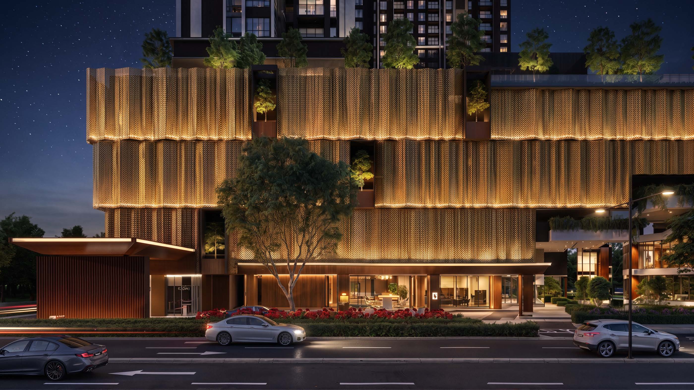 Night artist impression of the Binastra Cochrane podium facade