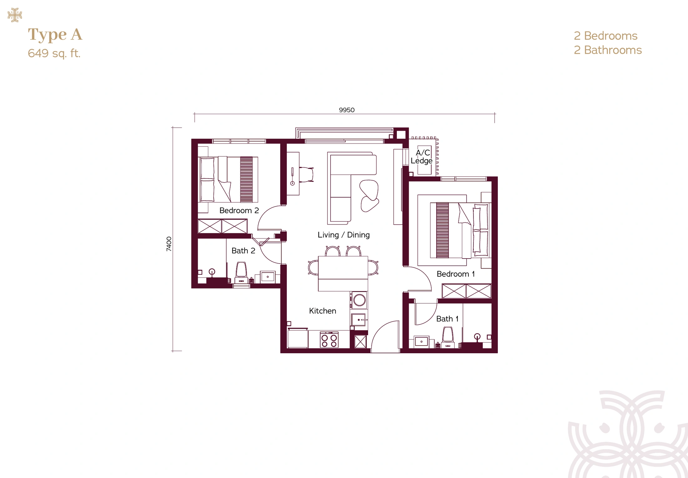 Binastra Cochrane Type A 649 sq ft two-bedroom floor plan