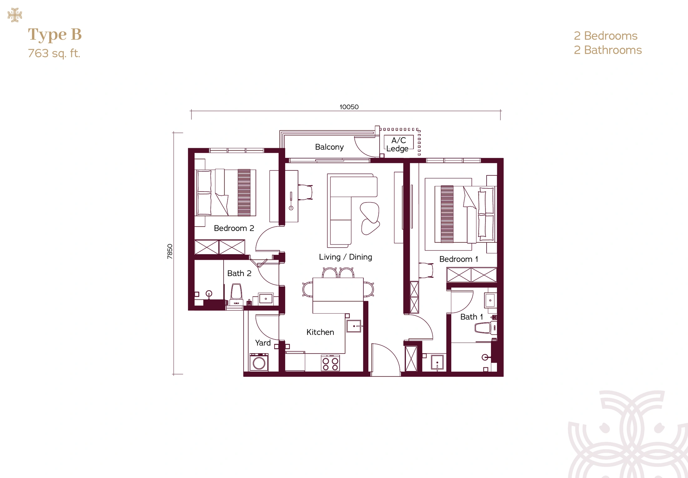Binastra Cochrane Type B 763 sq ft two-bedroom floor plan