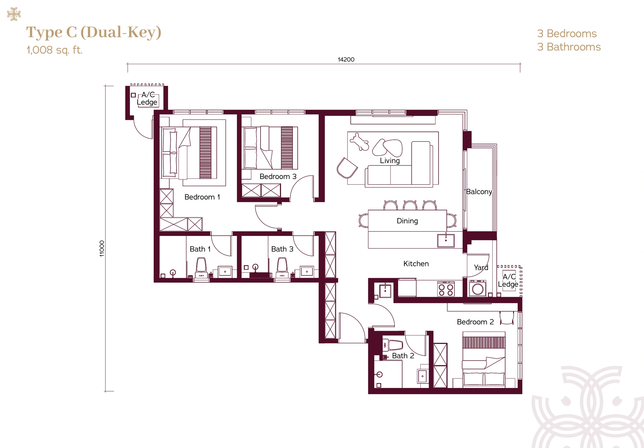 Binastra Cochrane Type C dual-key 1008 sq ft floor plan