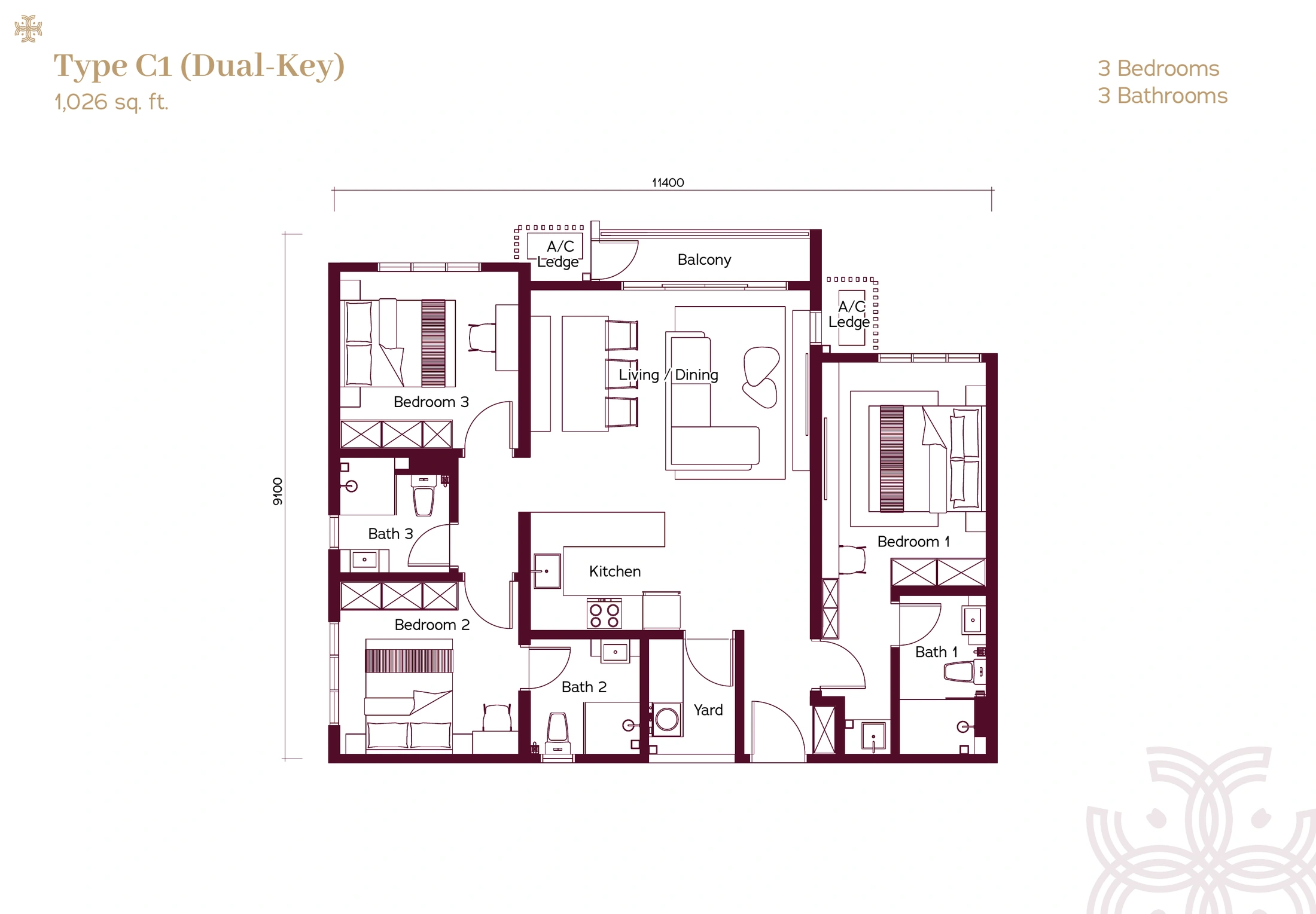 Binastra Cochrane Type C1 dual-key 1026 sq ft floor plan