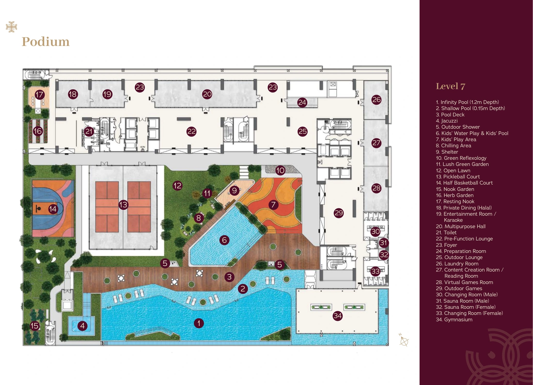 Binastra Cochrane Level 7 podium plan showing 34 facilities